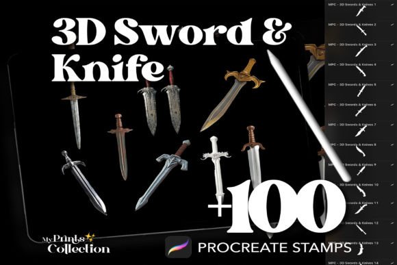 100 Procreate 3D Sword and Knife Stamps