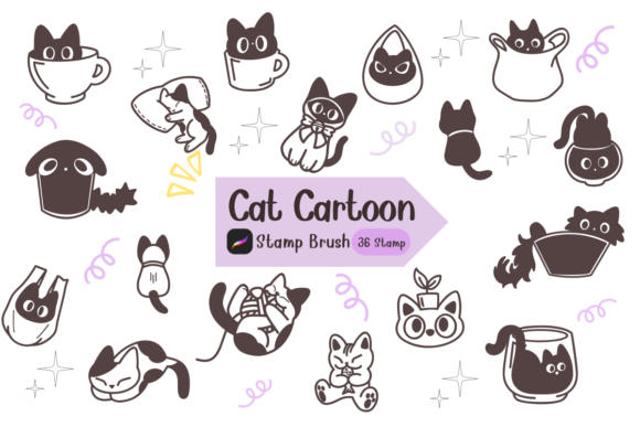 Cat Cartoon Procreate Stamp Brushes: Sketch Style